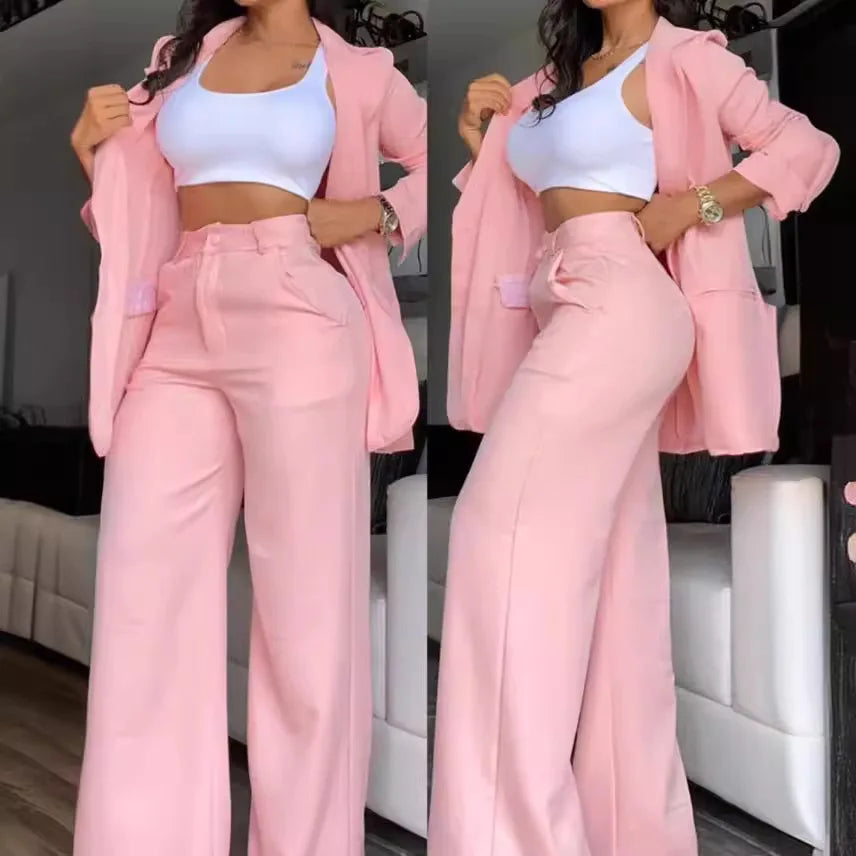 Women’s 2-Piece Solid Color Set – Spring/Autumn Fashion – Elegant Split Collar Top & Straight Tube Pocket Pants