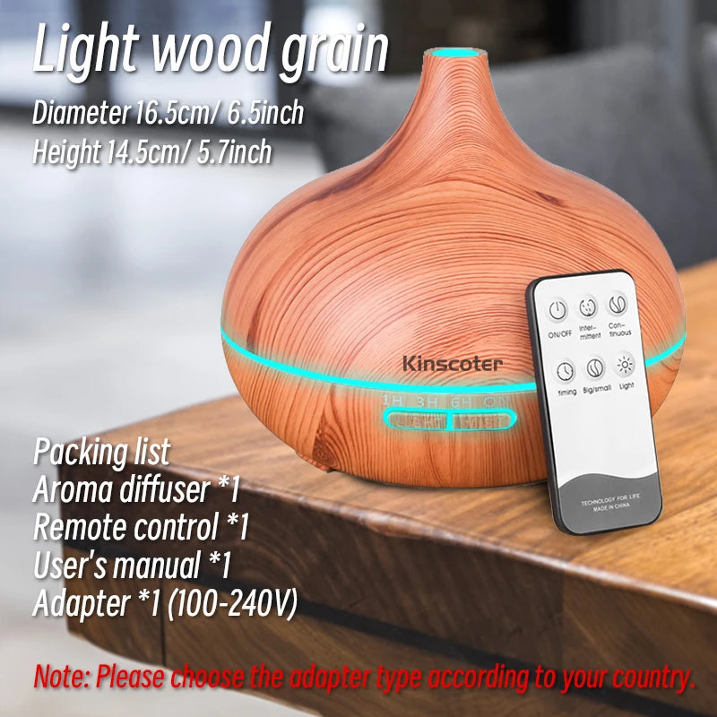 500ml Wood Grain Ultrasonic Aroma Diffuser – 7-Color LED, Remote Control, Humidifier & Timer