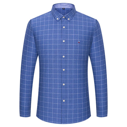 100% Cotton Oxford Long Sleeve Men's Plaid Dress Shirt – Regular Fit Formal Shirt with Pocket (S–7XL)