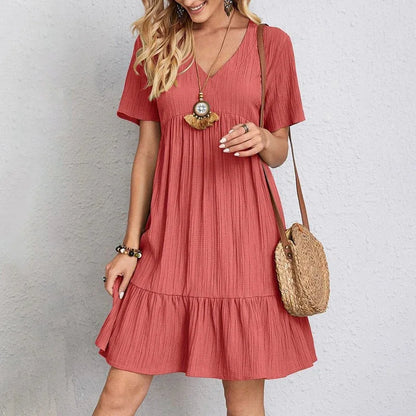 Loose V-Neck Pleated A-Line Dress – Elegant Beach Style, Short Sleeve, Solid Color, Comfortable Fit