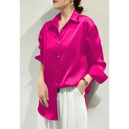 Elegant Satin Button-Down Blouse – Women’s Long Sleeve French Solid Shirt for Work & Evenings