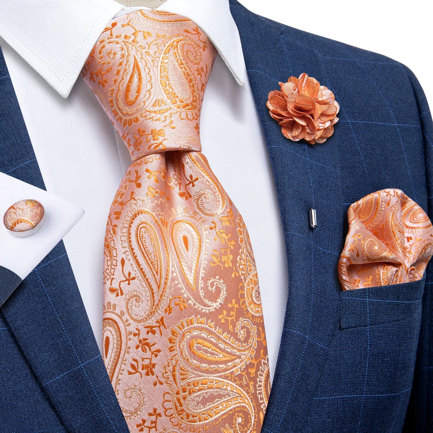 Blue & Silver Paisley Silk Tie Set – 8cm Necktie + Pocket Square + Cufflinks + Brooch – Elegant Men’s Gift for Weddings & Holidays