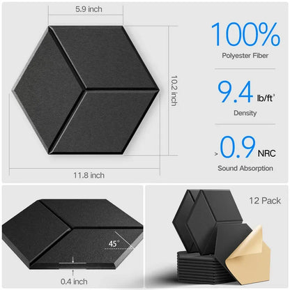 12-Pack Hexagonal Self-Adhesive Acoustic Panels - Noise-Absorbing Foam with Y-Lined Design for Echo Elimination