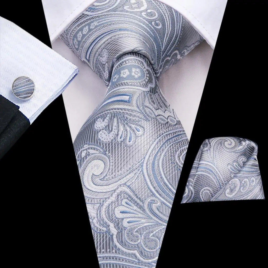 White & Grey Paisley Tie Set – Silk Necktie, Pocket Square & Cufflinks for Men – Formal Wedding & Business Accessory