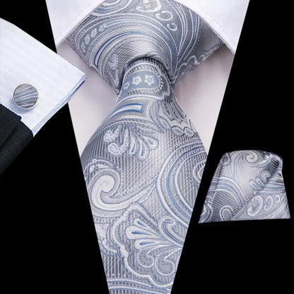 White & Grey Paisley Tie Set – Silk Necktie, Pocket Square & Cufflinks for Men – Formal Wedding & Business Accessory