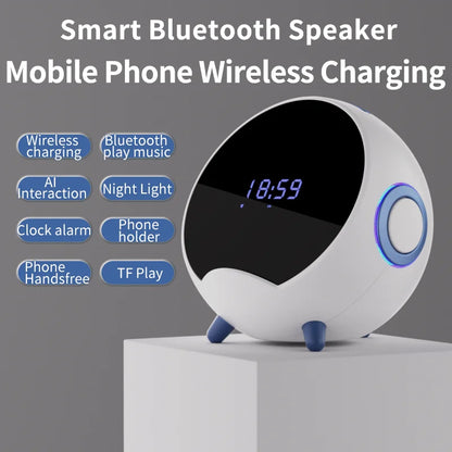 Planet AI Smart Interactive Bluetooth Speaker – Mobile Phone Holder, Wireless Charging, Clock Alarm, TF Card & USB Support