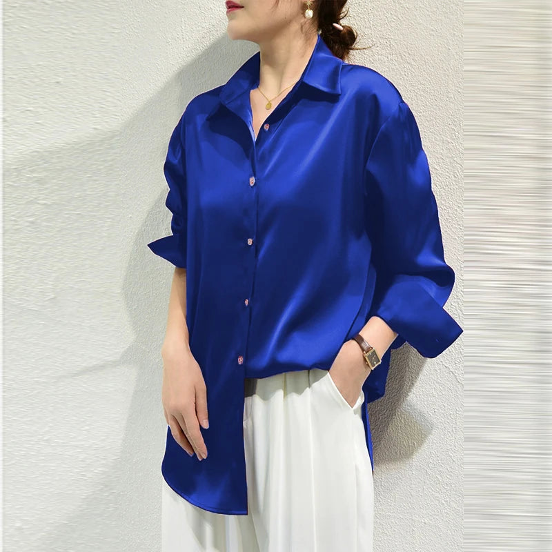 Elegant Satin Button-Down Blouse – Women’s Long Sleeve French Solid Shirt for Work & Evenings