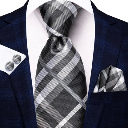 White & Grey Paisley Tie Set – Silk Necktie, Pocket Square & Cufflinks for Men – Formal Wedding & Business Accessory