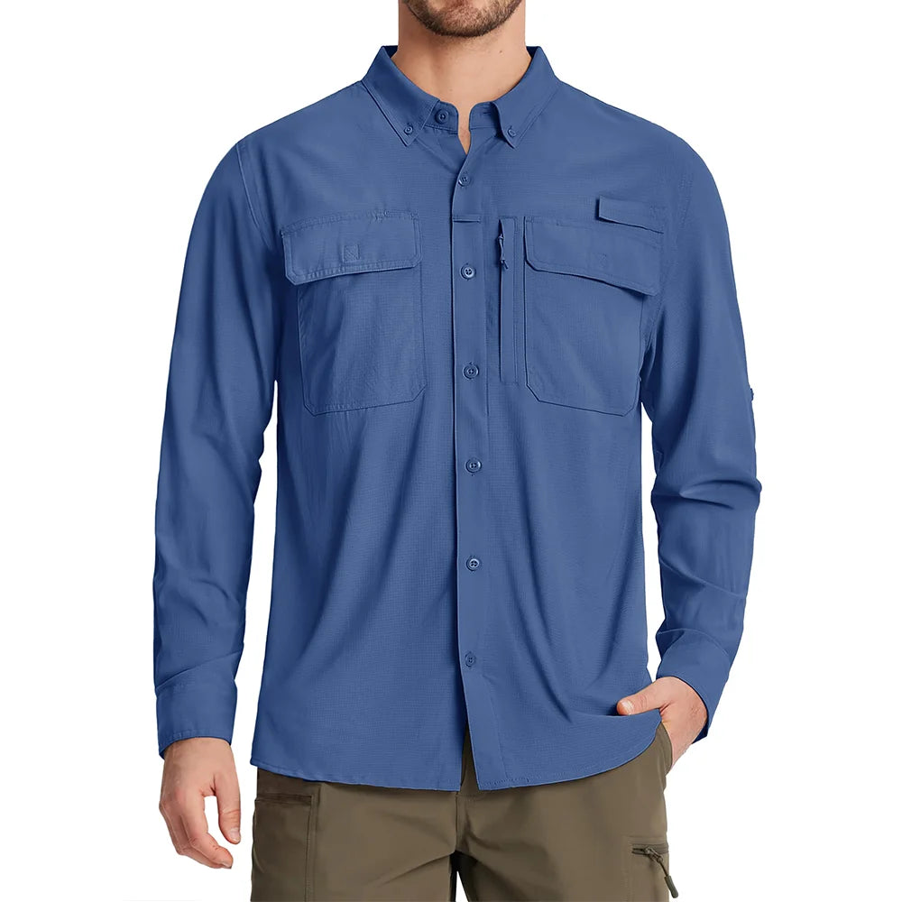 Men’s UPF 50+ Quick-Dry Long Sleeve Outdoor Shirt – Breathable, Lightweight Fishing & Hiking Cargo Top
