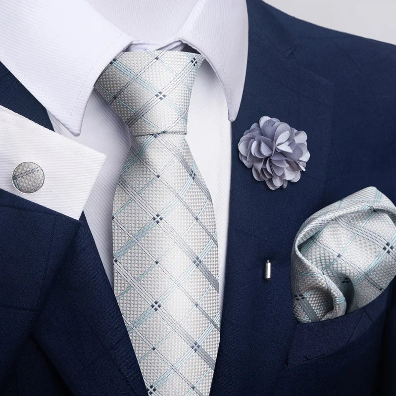 Luxury Men’s Floral Paisley Tie Set – Black & Gold Necktie with Matching Pocket Square, Cufflinks & Brooch | Elegant Wedding, Business, Dinner & Cocktail Look