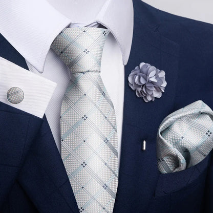 Luxury Men’s Floral Paisley Tie Set – Black & Gold Necktie with Matching Pocket Square, Cufflinks & Brooch | Elegant Wedding, Business, Dinner & Cocktail Look