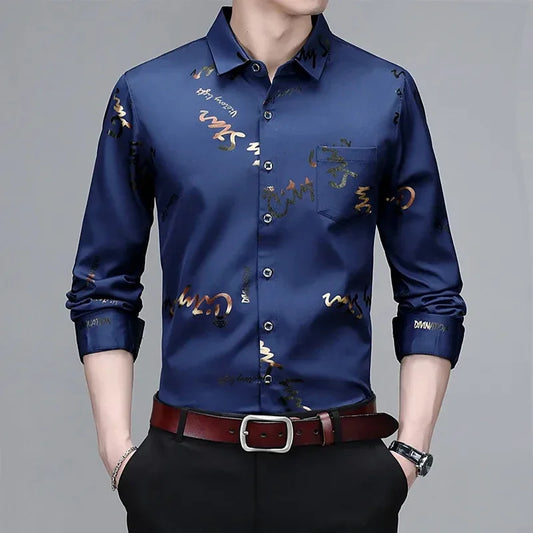 Men’s Wrinkle-Resistant Printed Long Sleeve Shirt – Non-Iron Business Casual Top