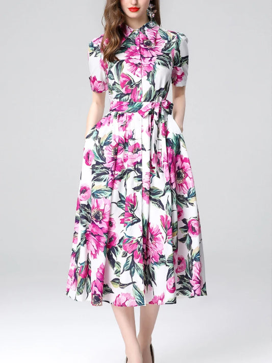Elegant Printed Slim Fit Lapel Dress – Women’s Short Sleeve Spring/Summer 2025 Fashion