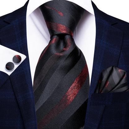 Burgundy Brown & Black Paisley Striped Silk Tie Set – Necktie + Pocket Square + Cufflinks – Formal Gift Set for Men