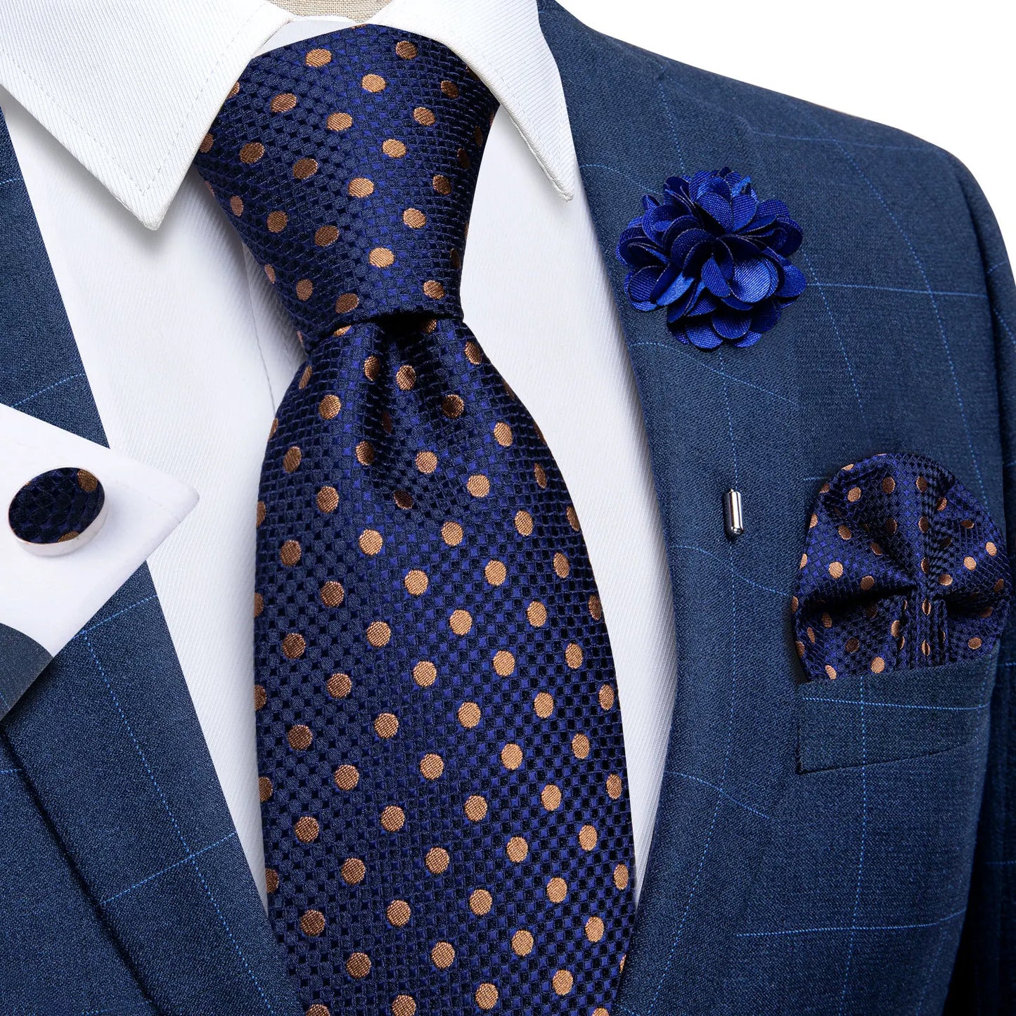 Blue & Silver Paisley Silk Tie Set – 8cm Necktie + Pocket Square + Cufflinks + Brooch – Elegant Men’s Gift for Weddings & Holidays