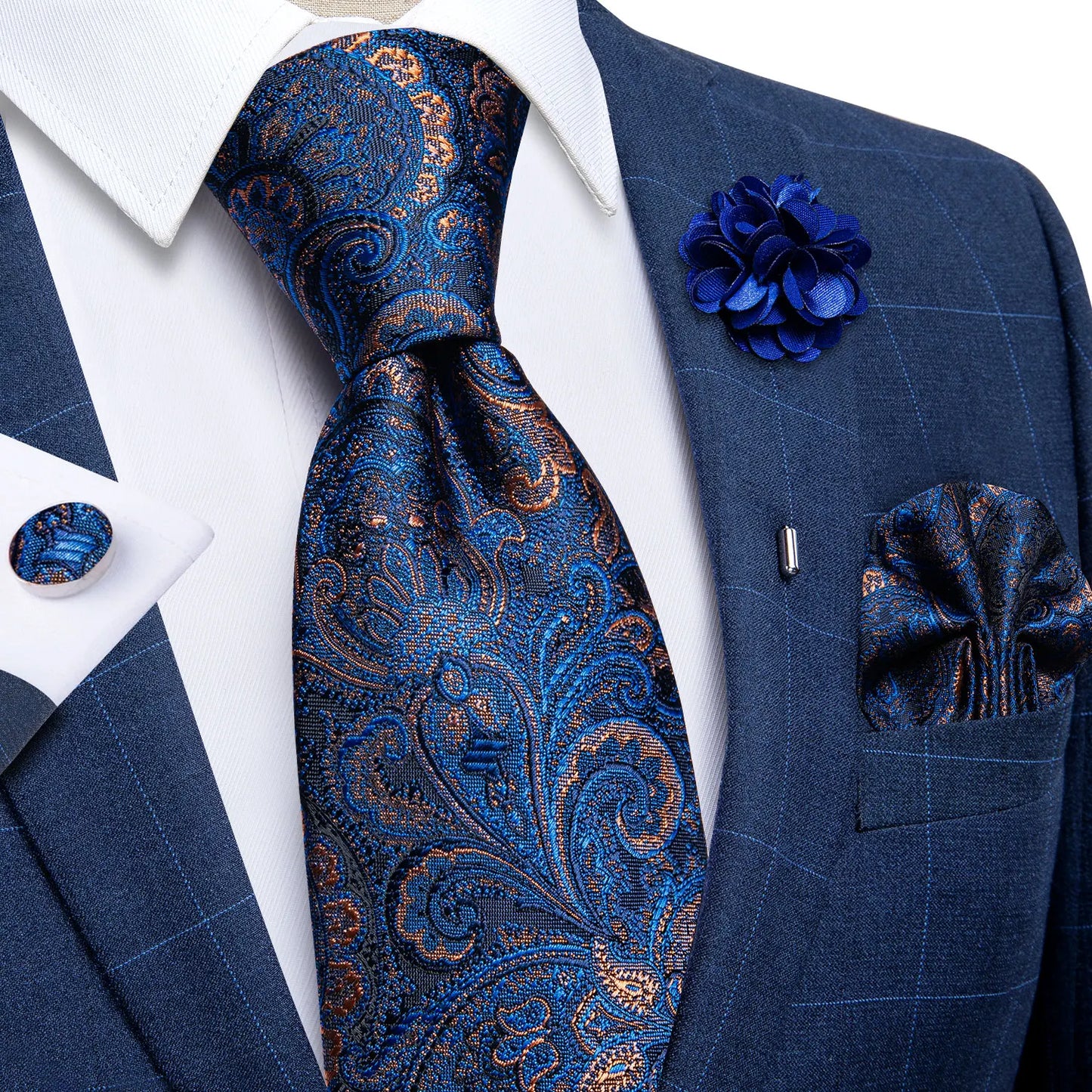 Luxury Red & Blue Floral Silk Tie Set – 8cm Necktie + Pocket Square + Cufflinks + Brooch – Men’s Formal Gift Set