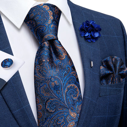 Luxury Red & Blue Floral Silk Tie Set – 8cm Necktie + Pocket Square + Cufflinks + Brooch – Men’s Formal Gift Set
