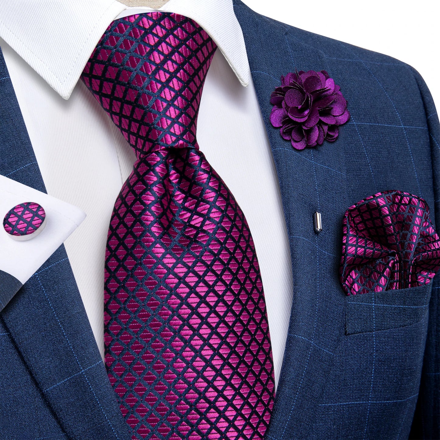 Blue & Silver Paisley Silk Tie Set – 8cm Necktie + Pocket Square + Cufflinks + Brooch – Elegant Men’s Gift for Weddings & Holidays