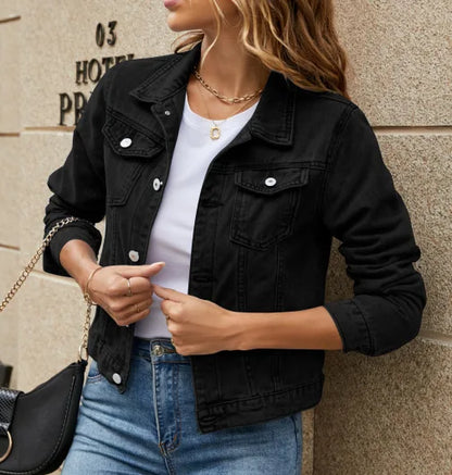 Women’s Short Denim Jacket – Trendy Lapel, Pocket Design, Single-Breasted Spring & Autumn Outwear