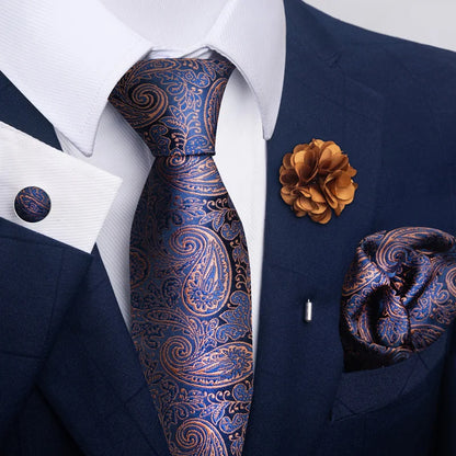 Luxury Men’s Floral Paisley Tie Set – Black & Gold Necktie with Matching Pocket Square, Cufflinks & Brooch | Elegant Wedding, Business, Dinner & Cocktail Look