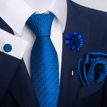Luxury Men’s Floral Paisley Tie Set – Black & Gold Necktie with Matching Pocket Square, Cufflinks & Brooch | Elegant Wedding, Business, Dinner & Cocktail Look