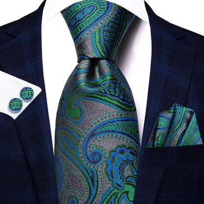 Paisley Men’s Silk Tie Set – Necktie, Pocket Square & Cufflinks – Elegant Gift for Weddings, Business & Parties