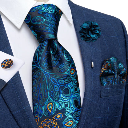 Luxury Red & Blue Floral Silk Tie Set – 8cm Necktie + Pocket Square + Cufflinks + Brooch – Men’s Formal Gift Set