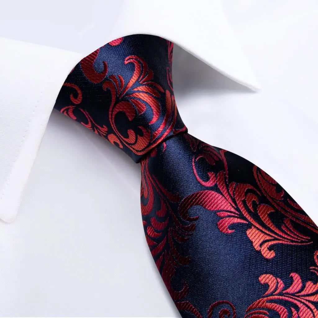 Luxury Red & Blue Floral Silk Tie Set – 8cm Necktie + Pocket Square + Cufflinks + Brooch – Men’s Formal Gift Set