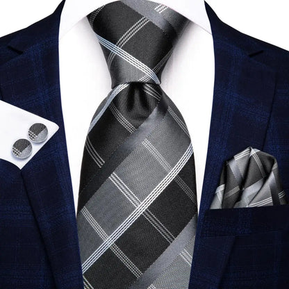 White & Grey Paisley Tie Set – Silk Necktie, Pocket Square & Cufflinks for Men – Formal Wedding & Business Accessory