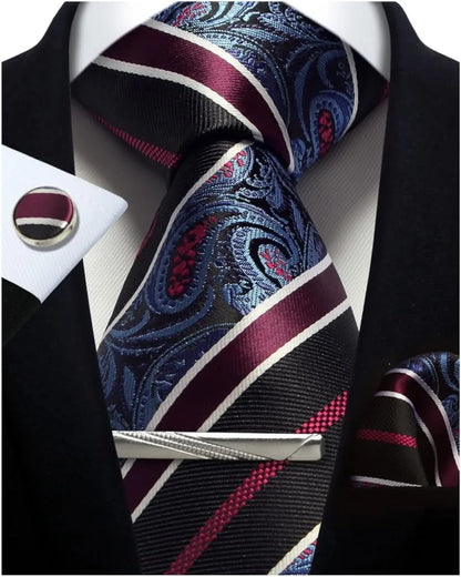Men’s Classic Silver Paisley Tie Set – Silk Necktie, Pocket Square, Cufflinks & Tie Clip – Formal Wedding Party Gift Box