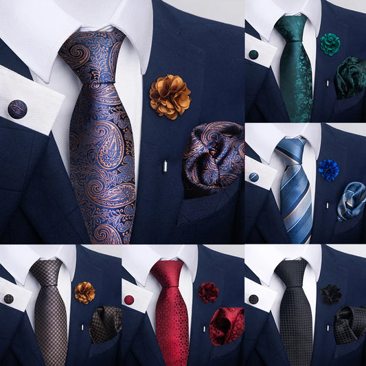 Luxury Men’s Floral Paisley Tie Set – Black & Gold Necktie with Matching Pocket Square, Cufflinks & Brooch | Elegant Wedding, Business, Dinner & Cocktail Look
