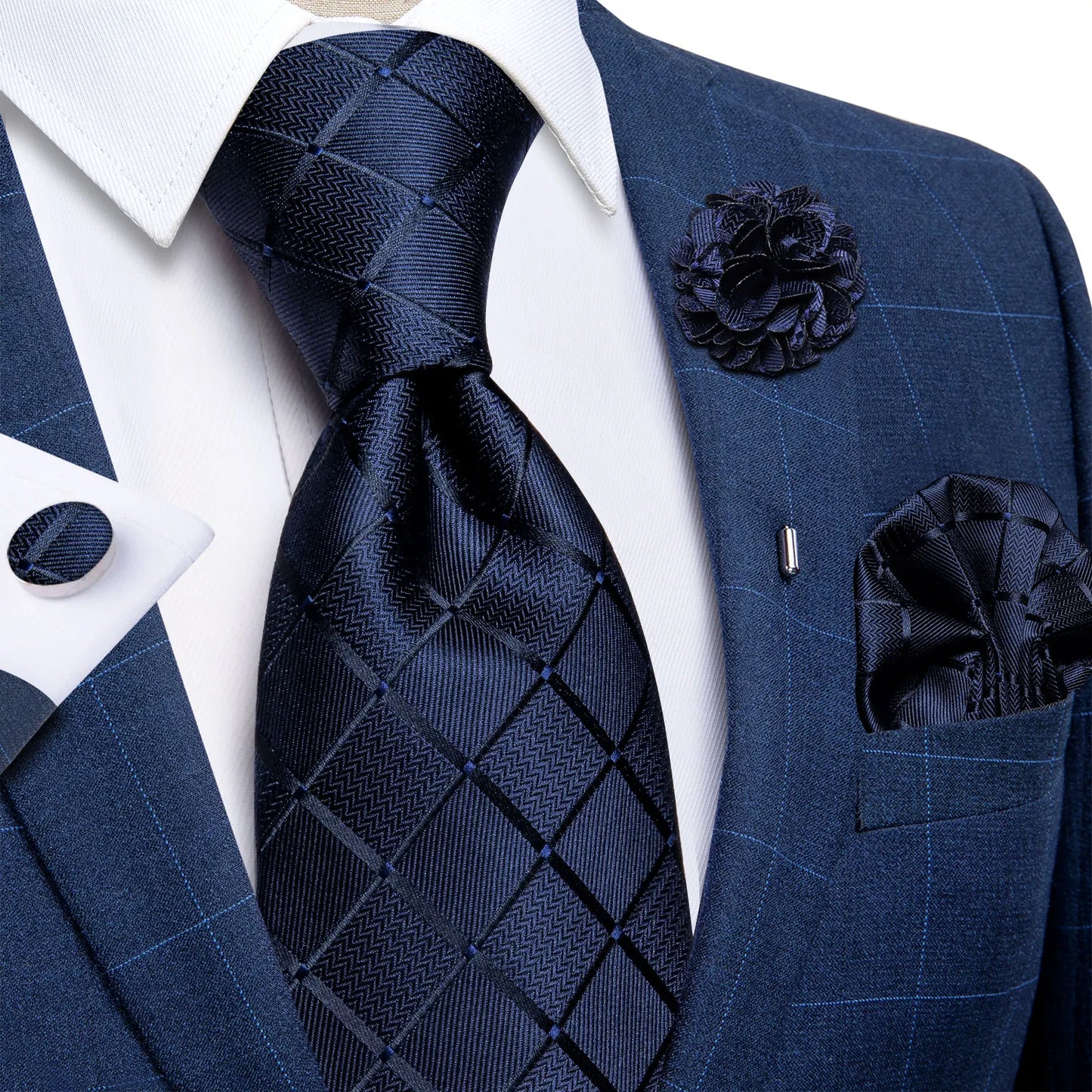 Luxury Red & Blue Floral Silk Tie Set – 8cm Necktie + Pocket Square + Cufflinks + Brooch – Men’s Formal Gift Set