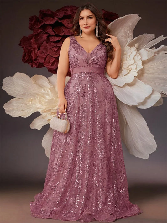 Plus Size Deep V-Neck Sequin Evening Dress – Elegant Blue Long Formal Gown with V-Back for Wedding, Party & Prom
