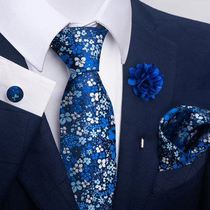 Luxury Men’s Floral Paisley Tie Set – Black & Gold Necktie with Matching Pocket Square, Cufflinks & Brooch | Elegant Wedding, Business, Dinner & Cocktail Look