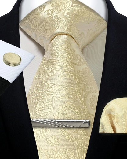 Men’s Classic Silver Paisley Tie Set – Silk Necktie, Pocket Square, Cufflinks & Tie Clip – Formal Wedding Party Gift Box
