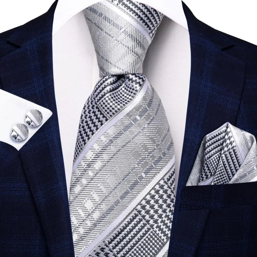 White & Grey Paisley Tie Set – Silk Necktie, Pocket Square & Cufflinks for Men – Formal Wedding & Business Accessory