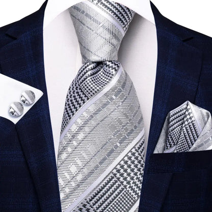 White & Grey Paisley Tie Set – Silk Necktie, Pocket Square & Cufflinks for Men – Formal Wedding & Business Accessory