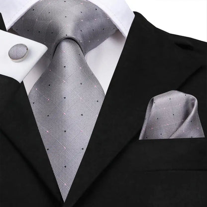 White & Grey Paisley Tie Set – Silk Necktie, Pocket Square & Cufflinks for Men – Formal Wedding & Business Accessory