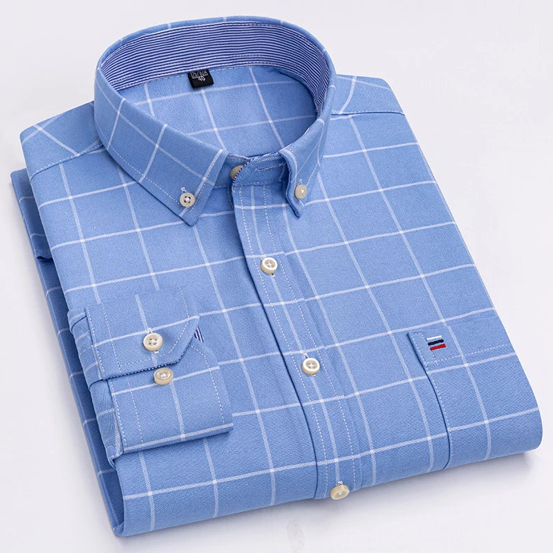 100% Cotton Oxford Long Sleeve Men's Plaid Dress Shirt – Regular Fit Formal Shirt with Pocket (S–7XL)