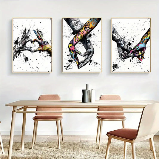 3PCS Graffiti Holding Hands Canvas Print - Abstract Paintings for Living Room, Bedroom Wall Art & Couple Gifts (Unframed)