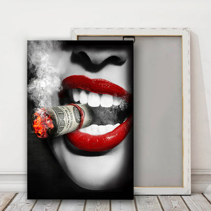 Red Lips Smoking Woman Canvas Art – Framed Pop Art Print with Money Burning Design for Living Room Decor