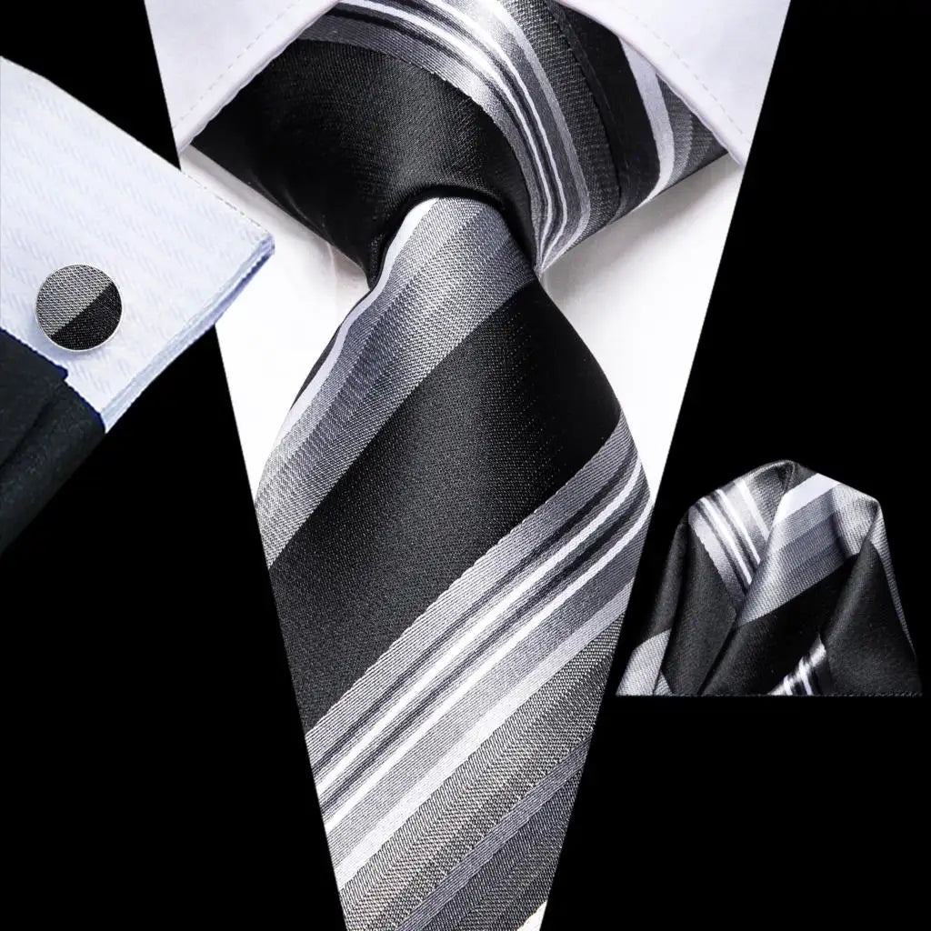 Navy Blue Striped Silk Tie Set for Men – Necktie, Pocket Square & Cufflinks – Formal Business & Wedding Gift Set