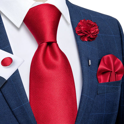 Luxury Red & Blue Floral Silk Tie Set – 8cm Necktie + Pocket Square + Cufflinks + Brooch – Men’s Formal Gift Set