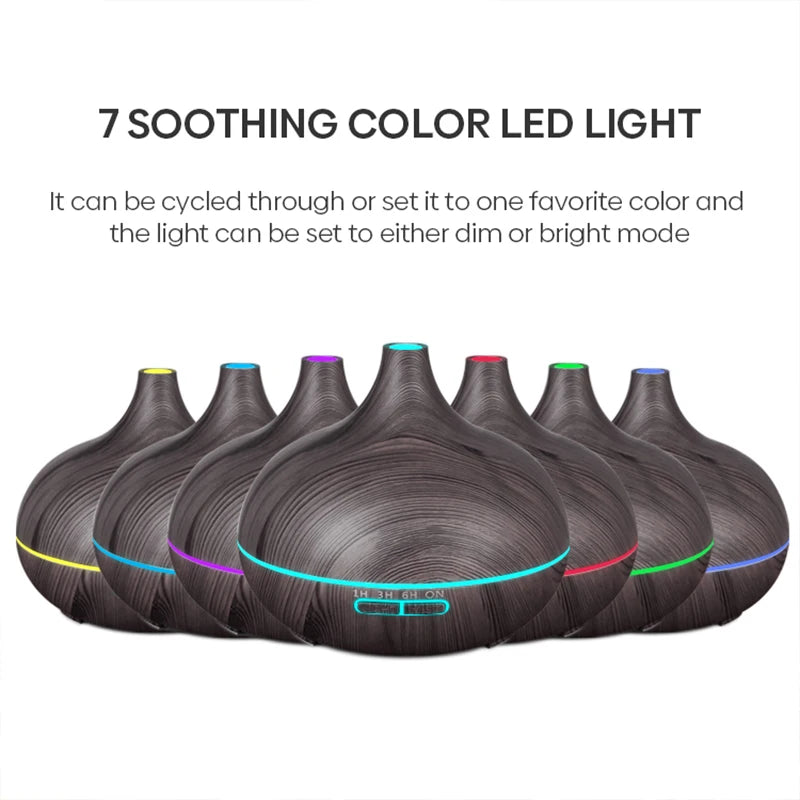 500ml Wood Grain Ultrasonic Aroma Diffuser – 7-Color LED, Remote Control, Humidifier & Timer