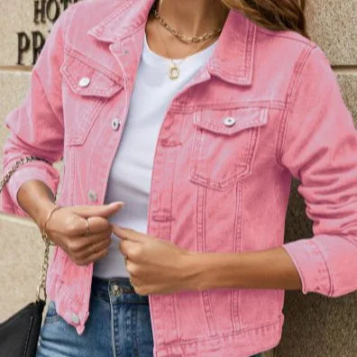 Women’s Short Denim Jacket – Trendy Lapel, Pocket Design, Single-Breasted Spring & Autumn Outwear