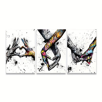 3PCS Graffiti Holding Hands Canvas Print - Abstract Paintings for Living Room, Bedroom Wall Art & Couple Gifts (Unframed)