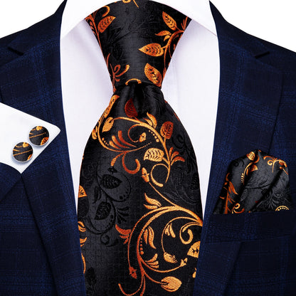 Burgundy Brown & Black Paisley Striped Silk Tie Set – Necktie + Pocket Square + Cufflinks – Formal Gift Set for Men
