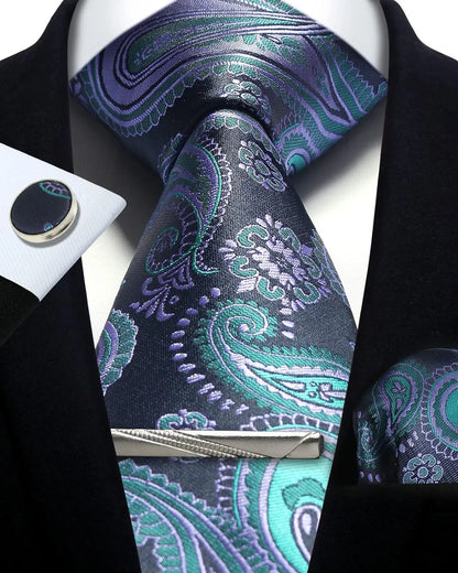 Men’s Classic Silver Paisley Tie Set – Silk Necktie, Pocket Square, Cufflinks & Tie Clip – Formal Wedding Party Gift Box