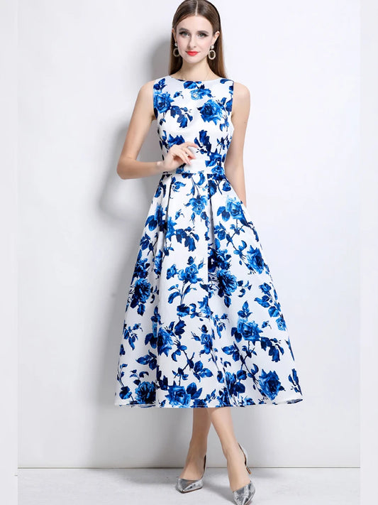 Elegant Sleeveless Printed A-Line Dress – Slim Fit Summer Fashion Dress for Women