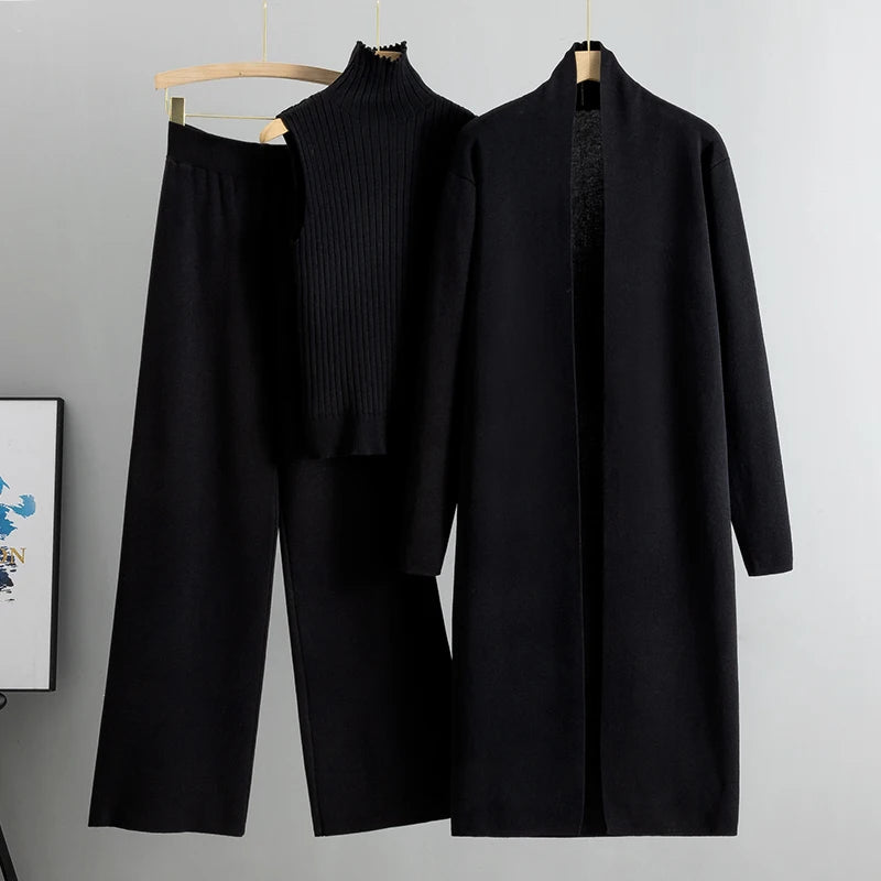 Women's 3-Piece Knitted Cardigan Tracksuit Set – Vintage Style Sweater + Top + Pants | Spring/Autumn Fashion Outfit